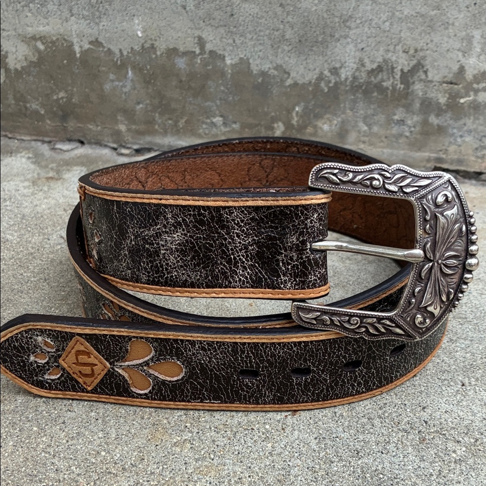 Stetson Black and Brown Leather Belt with Silver Buckle